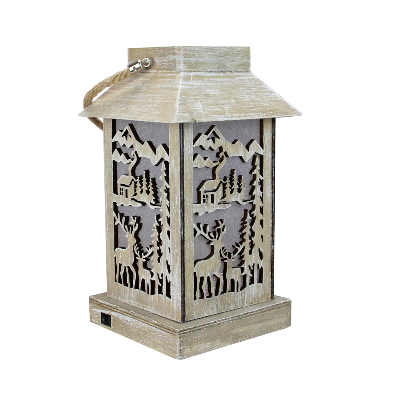 Diva At Home 9.5" Lighted Wooden Reindeer and Cabin Silhouette Lantern Christmas Decoration